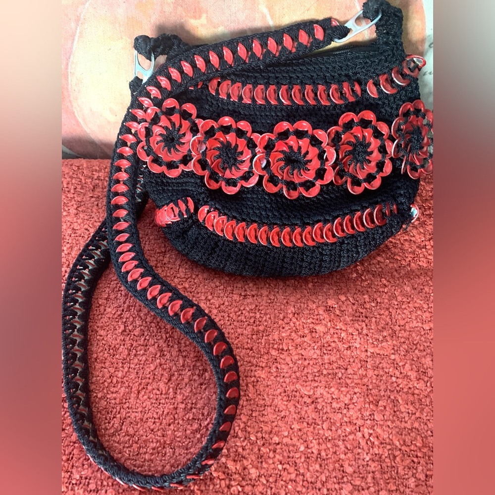 Handcrafted Vintage Boho Crochet Bag in Black and Red made with pull tabs.